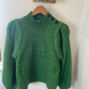 Sezane Green Crew Neck Sweater with Intricate Knit